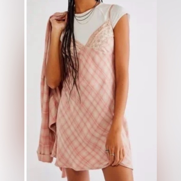 Free People Gracie Slip Dress in Pink Plaid with Oversized Button Up Shirt. XS - Picture 2 of 7